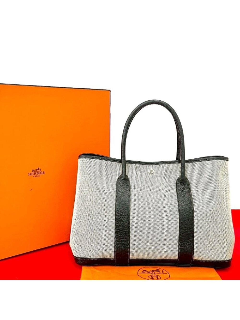 Hermes Garden Party PM Toile Ash Canvas Tote Ivory